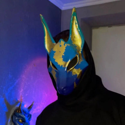 Anubis Mask Art Blue And Gold Wolf Jackal Ankh