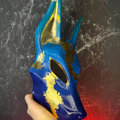 Anubis Mask Art Blue And Gold Wolf Jackal Ankh